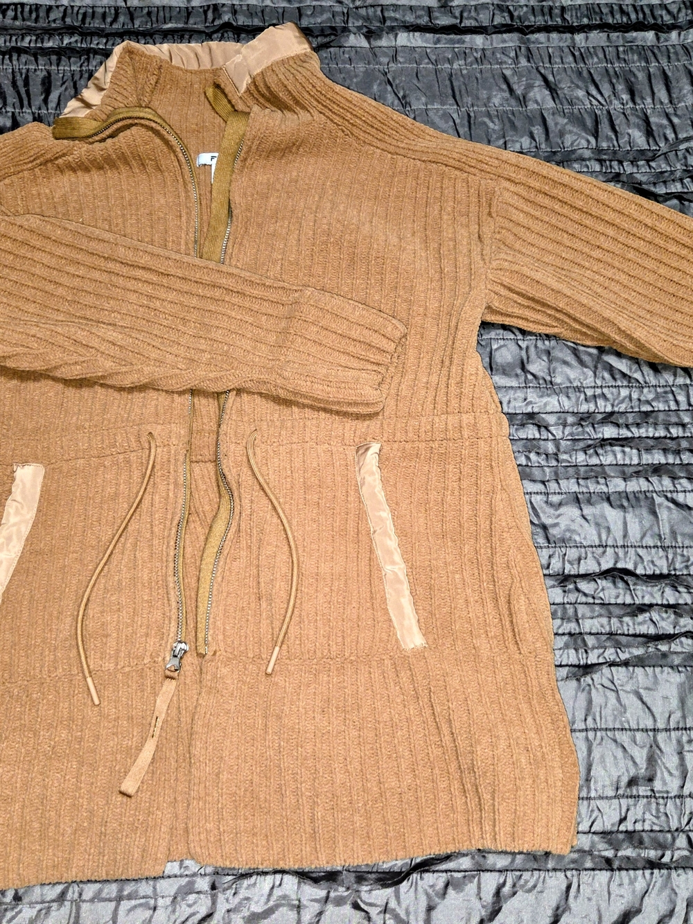 FLX Women's Tan Ribbed Zip-Front Sweater Jacket